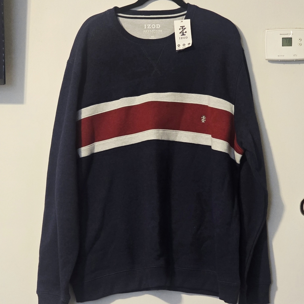 NWT IZOD Men's Crewneck Sweater in Navy with Red and White Stripes. Size XXL